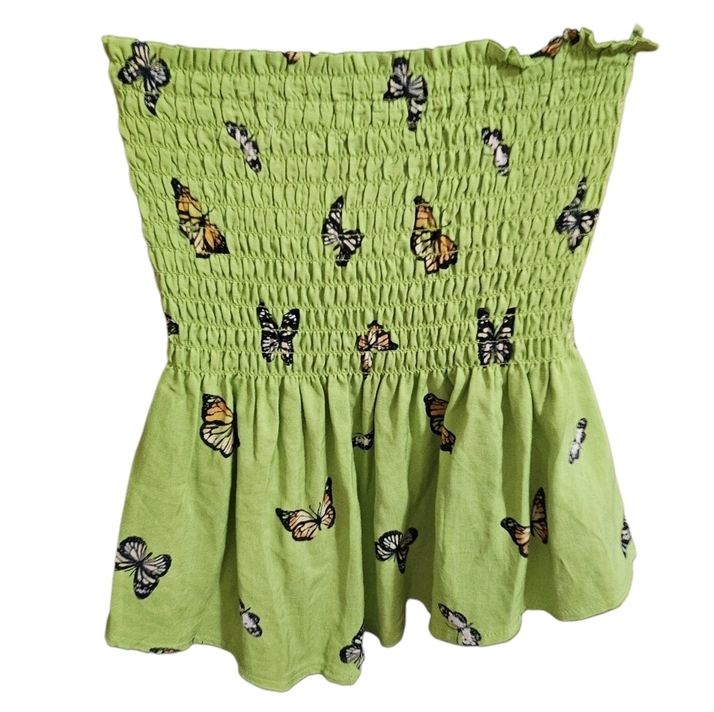 Y2K Stich & Pine Lime Green Smocked Flowy Cropped Tube Top With Butterflies - Picture 4 of 7